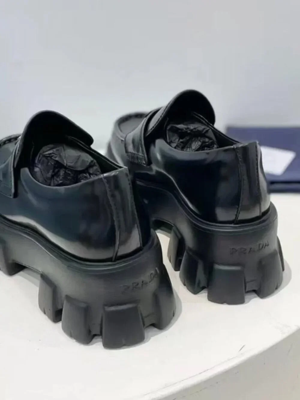 Prada Black Brushed Leather Triangle Logo Lug Sole Platform Loafers